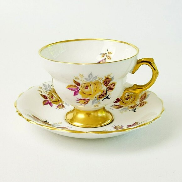 Vintage Rosina Heavy Gold Teacup & Saucer Yellow Rose Leaves Fall Autumn - Picture 2 of 16